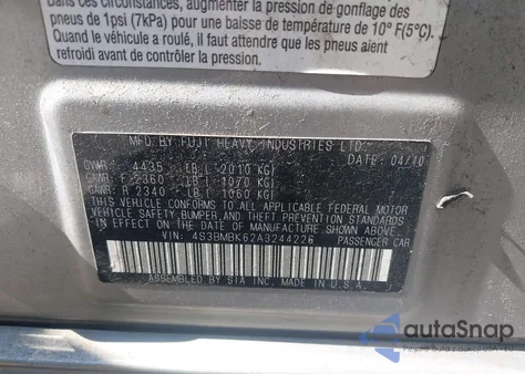 2010 Subaru Legacy 2.5I Limited from USA, damaged, VIN 4S3BMBK62A3244226